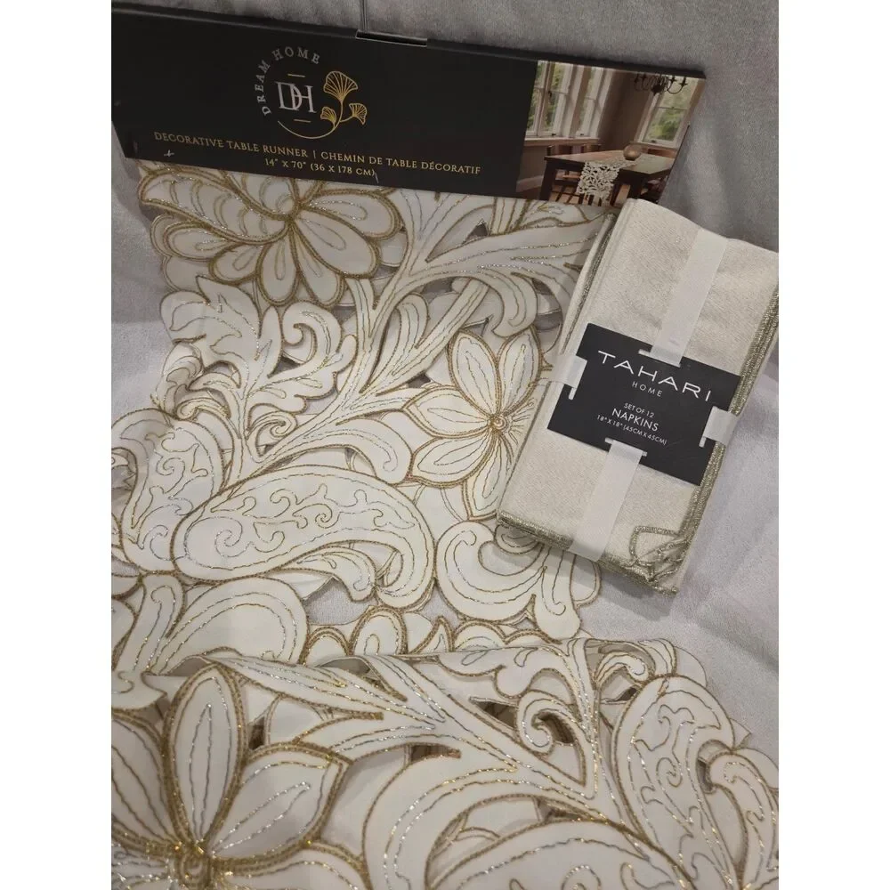 NWT Tahari Gold Table Set Embroidered Runner 70
